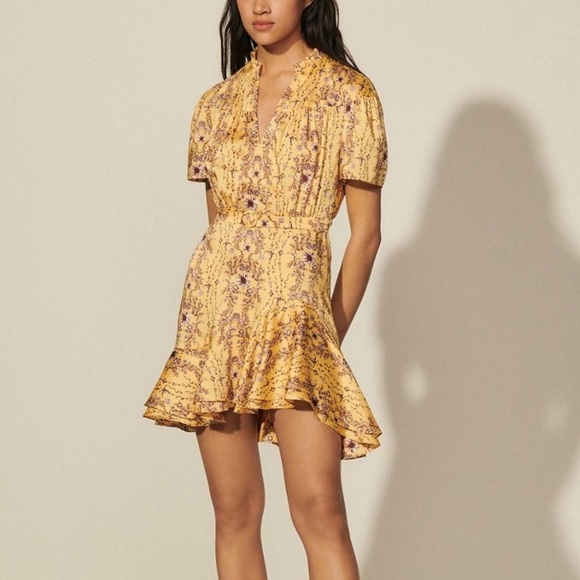 Sandro Paris Suzette Yellow Floral Ruffle Mini Dress Sz 2 - Picture 1 of 11